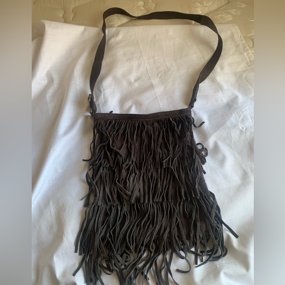 American Eagle Chocolate Brown Suede Canvas Crossbody Purse Boho